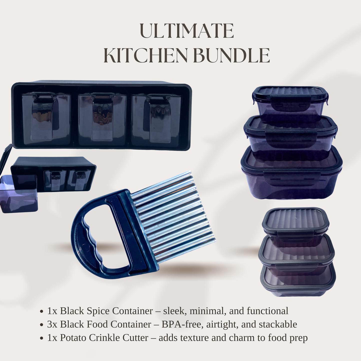 Ultimate Kitchen Bundle – Spice Box, Crinkle Cutter & Black Storage Container
