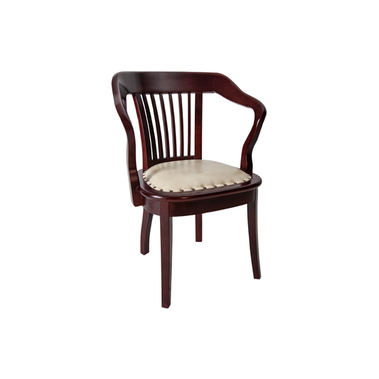 Elegant wooden dining chair with a dark white upholstered seat and backrest. The chair features a straight-leg design, a gently curved backrest, and brass stud accents along the upholstery edges.
