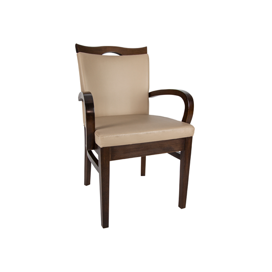 Elegant wooden dining chair with a cream upholstered seat and backrest. The chair features a straight-leg design, a gently curved backrest, and brass stud accents along the upholstery edges.