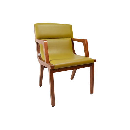Elegant wooden dining chair with a green upholstered seat and backrest. The chair features a straight-leg design, a gently curved backrest, and brass stud accents along the upholstery edges.