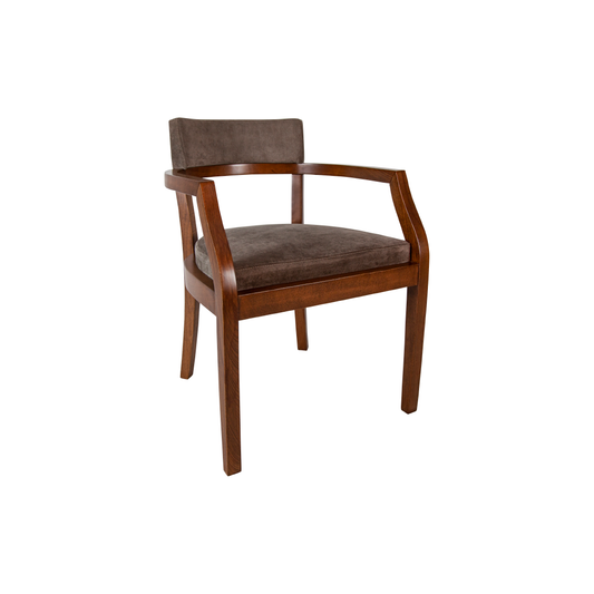 Elegant wooden dining chair with a dark white upholstered seat and backrest. The chair features a straight-leg design, a gently curved backrest, and brass stud accents along the upholstery edges.
