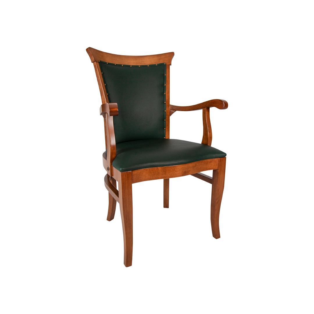 Elegant wooden dining chair with a dark green upholstered seat and backrest. The chair features a straight-leg design, a gently curved backrest, and brass stud accents along the upholstery edges.