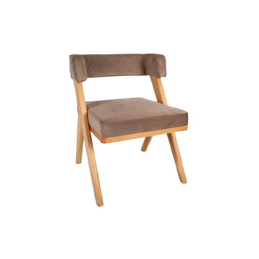 Elegant wooden dining chair with beige upholstered seat and backrest. The chair features a straight-leg design, a gently curved backrest, and brass stud accents along the upholstery edges.
