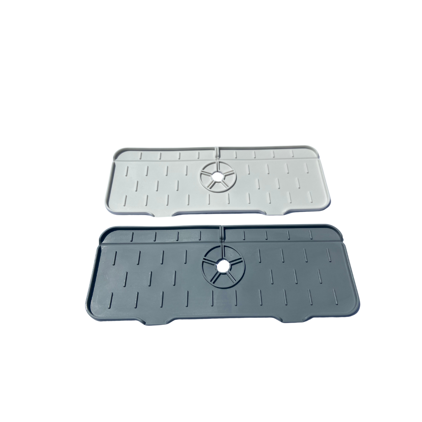 Silicone sink mat and draining mat around tap, designed to prevent water splashes, keep countertops dry, and fit most faucet sizes with a non-slip, flexible design.
