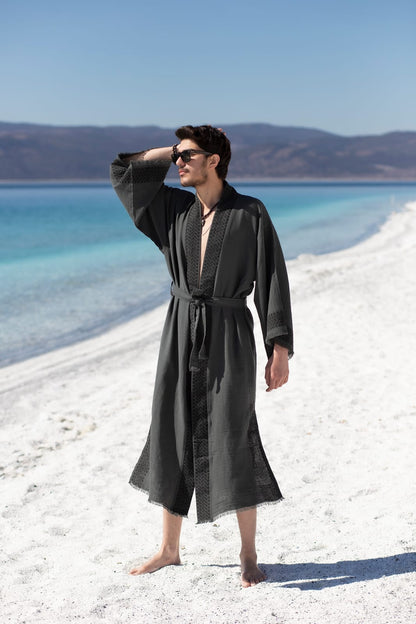 Men’s luxury loungewear kimono crafted from premium linen and hemp blend. Designed for resort wear, beach cover-ups, and sophisticated relaxation