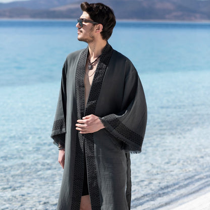 Men’s luxury loungewear kimono crafted from premium linen and hemp blend. Designed for resort wear, beach cover-ups, and sophisticated relaxation