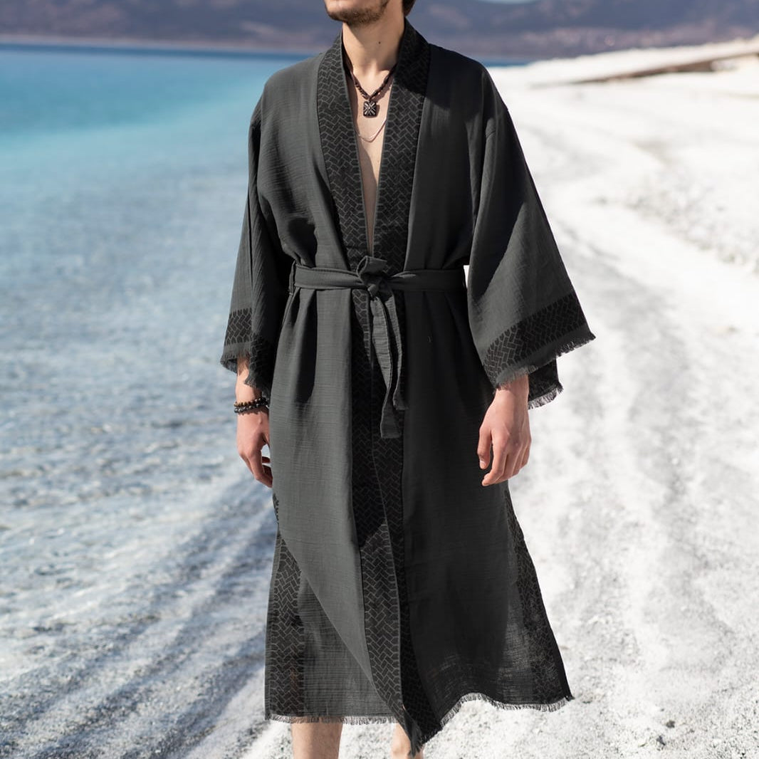 Men’s luxury loungewear kimono crafted from premium linen and hemp blend. Designed for resort wear, beach cover-ups, and sophisticated relaxation