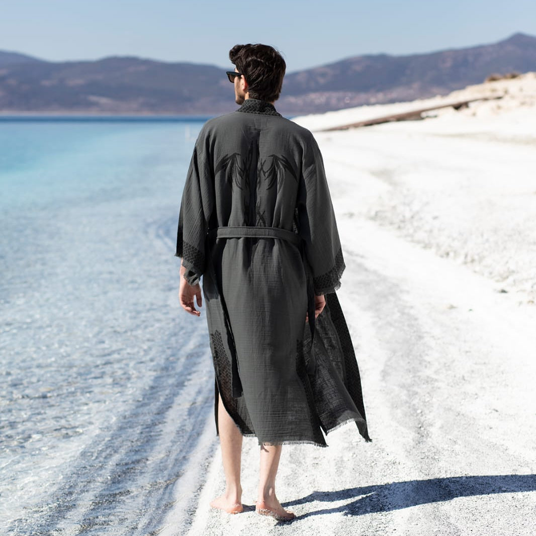 Men’s luxury loungewear kimono crafted from premium linen and hemp blend. Designed for resort wear, beach cover-ups, and sophisticated relaxation