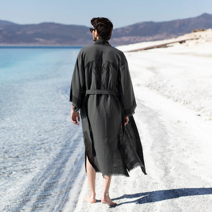 Men’s luxury loungewear kimono crafted from premium linen and hemp blend. Designed for resort wear, beach cover-ups, and sophisticated relaxation
