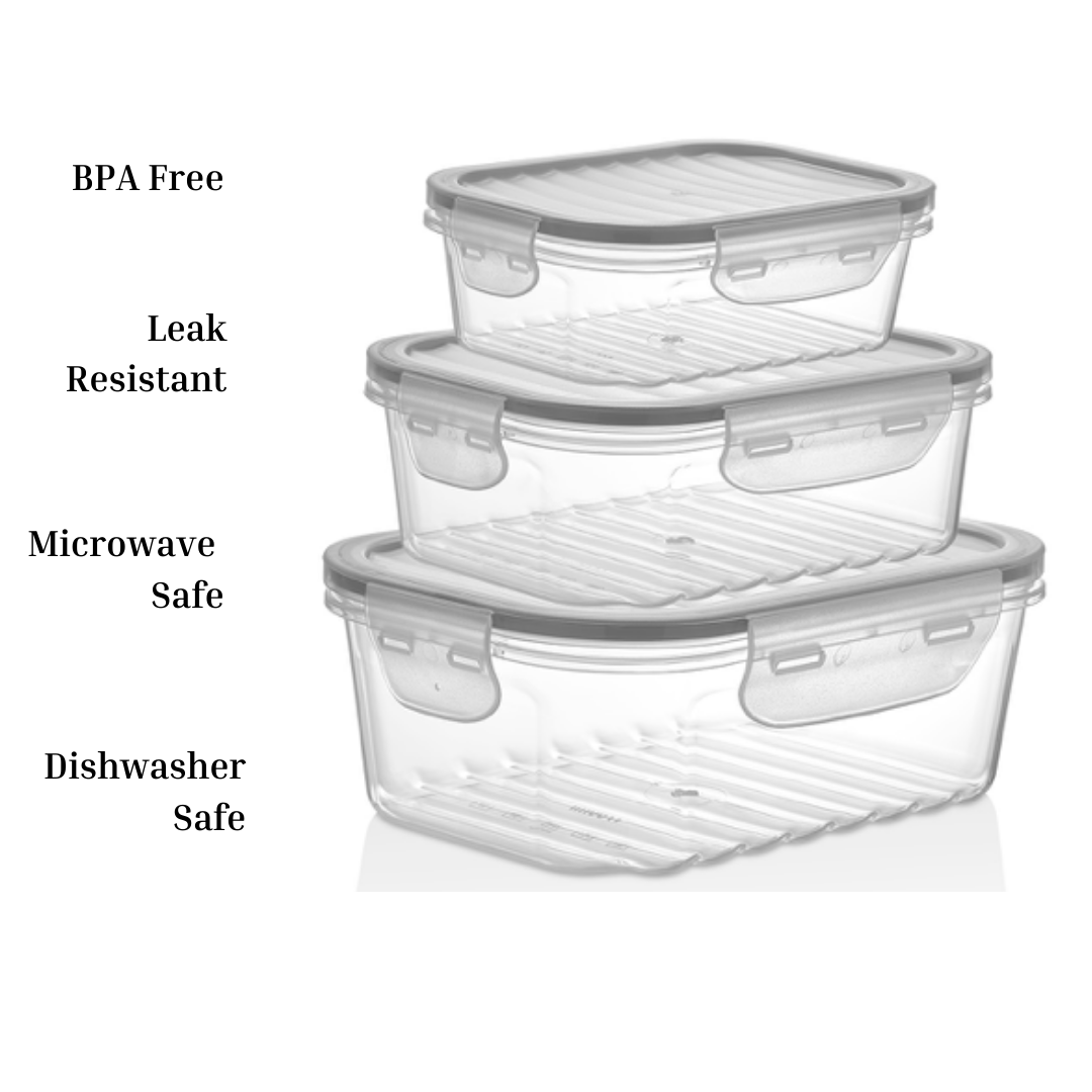  BPA-Free 4-Piece Food Storage Container Set with airtight snap-on lids, stackable design, and leak-proof seal for fresh food storage.