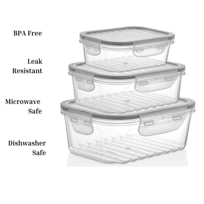  BPA-Free 4-Piece Food Storage Container Set with airtight snap-on lids, stackable design, and leak-proof seal for fresh food storage.