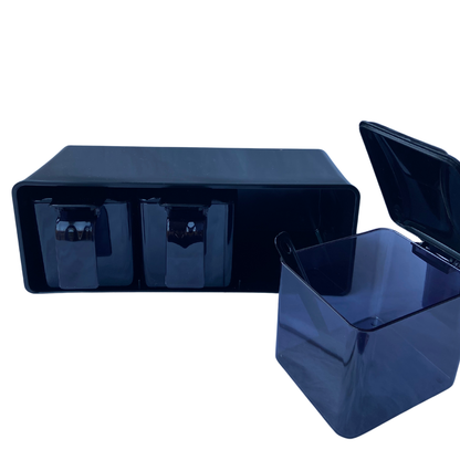 Triple compartment black plastic storage container with secure lids, designed for organized storage of small essentials like screws, beads, or spices.
